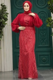 Tesettürlü Abiye Elbise - Pul Payet İşlemeli Kırmızı Tesettür Abiye Elbise 22213K - Thumbnail