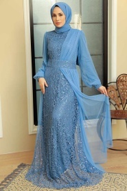 Tesettürlü Abiye Elbise - Pul Payet İşlemeli Mavi Tesettür Abiye Elbise 5696M - Thumbnail