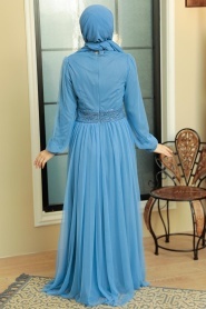 Tesettürlü Abiye Elbise - Pul Payet İşlemeli Mavi Tesettür Abiye Elbise 5696M - Thumbnail
