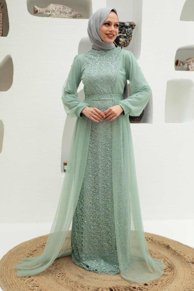 Tesettürlü Abiye Elbise - Pul Payet İşlemeli Mint Tesettür Abiye Elbise 5632MINT - 2