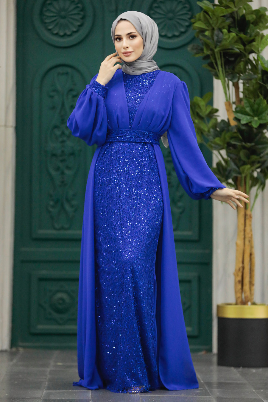 Tesettürlü Abiye Elbise - Pul Payet İşlemeli Sax Mavisi Tesettür Abiye Elbise 22072SX