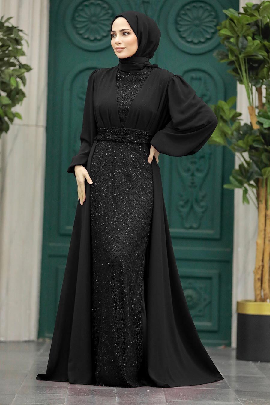 Tesettürlü Abiye Elbise - Pul Payet İşlemeli Siyah Tesettür Abiye Elbise 22072S