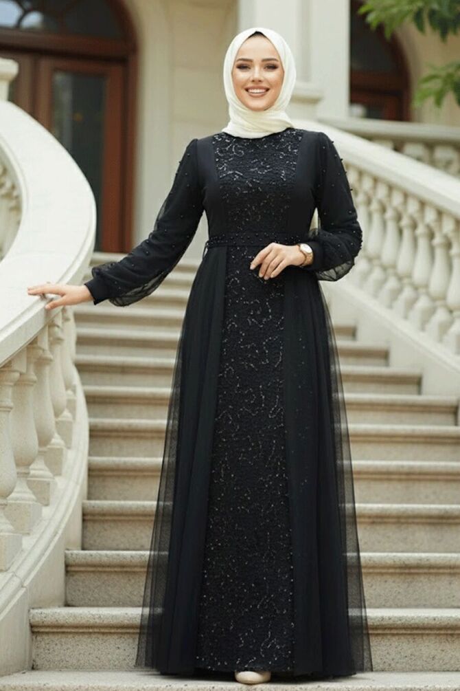 Tesettürlü Abiye Elbise - Pul Payet İşlemeli Siyah Tesettür Abiye Elbise 5632S - 1
