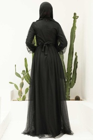 Tesettürlü Abiye Elbise - Pul Payet İşlemeli Siyah Tesettür Abiye Elbise 5632S - Thumbnail