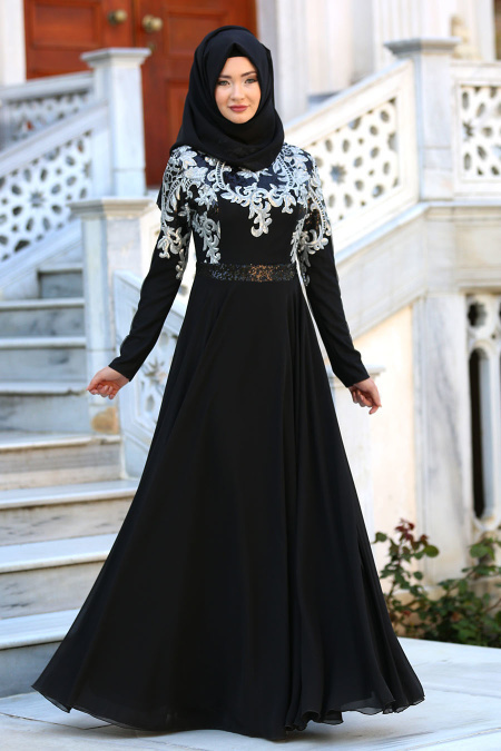 Tesettürlü Abiye Elbise - Pul Payet İşlemeli Siyah Tesettür Abiye Elbise 75860S