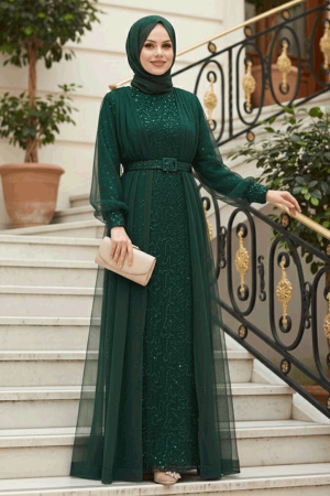 Tesettürlü Abiye Elbise - Pul Payet İşlemeli Yeşil Tesettür Abiye Elbise 56291Y - TESETTÜRLÜ ABİYE ELBİSELER