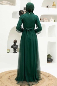 Tesettürlü Abiye Elbise - Pul Payet İşlemeli Yeşil Tesettür Abiye Elbise 5632Y - Thumbnail