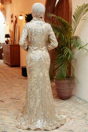 Tesettürlü Abiye Elbise - Pul Payet İşlemeli Gold Tesettür Abiye Elbise 951GOLD - 2