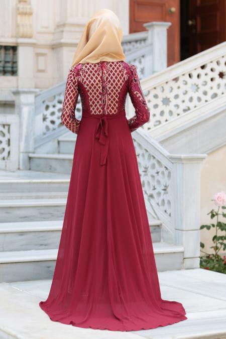 Tesettürlü Abiye Elbise - Pul Payet Kemerli Bordo Tesettür Abiye Elbise 7553BR - 3