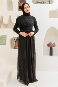 Tesettürlü Abiye Elbise - Pul Payet Siyah Tesettür Abiye Elbise 56180S - Thumbnail