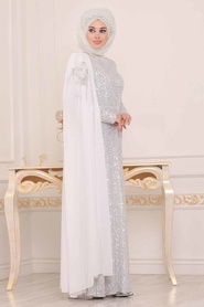Tesettürlü Abiye Elbise - Pul Payetli Beyaz Tesettür Abiye Elbise 86150B - Thumbnail