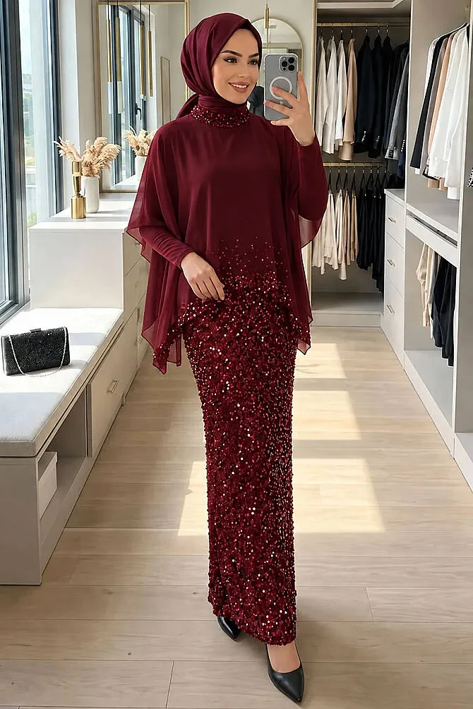 Tesettürlü Abiye Elbise - Pul Payetli Bordo Tesettür Abiye Elbise 48282BR - 1