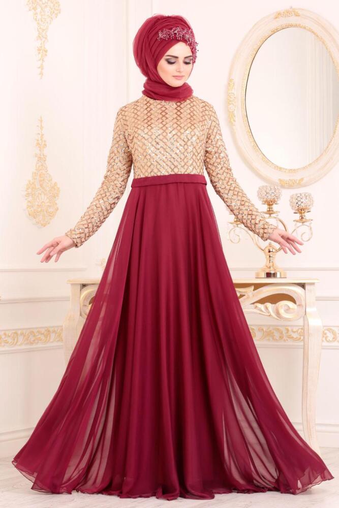 Tesettürlü Abiye Elbise - Pul Payetli Bordo Tesettür Abiye Elbise 85310BR - 1