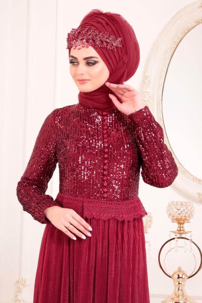 Tesettürlü Abiye Elbise - Pul Payetli Bordo Tesettür Abiye Elbise 8532BR - 2