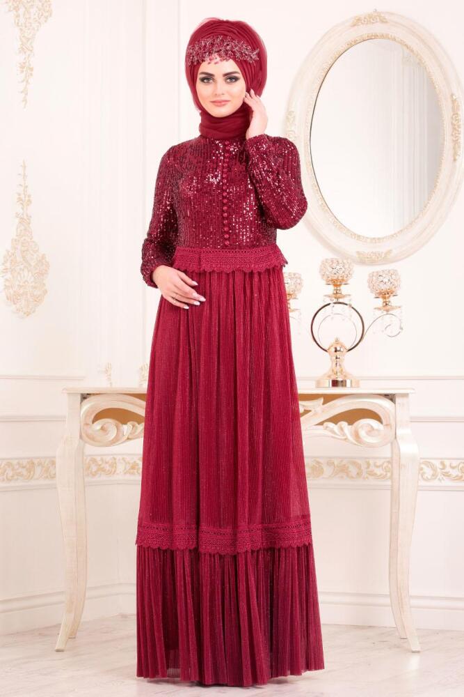 Tesettürlü Abiye Elbise - Pul Payetli Bordo Tesettür Abiye Elbise 8532BR - 3