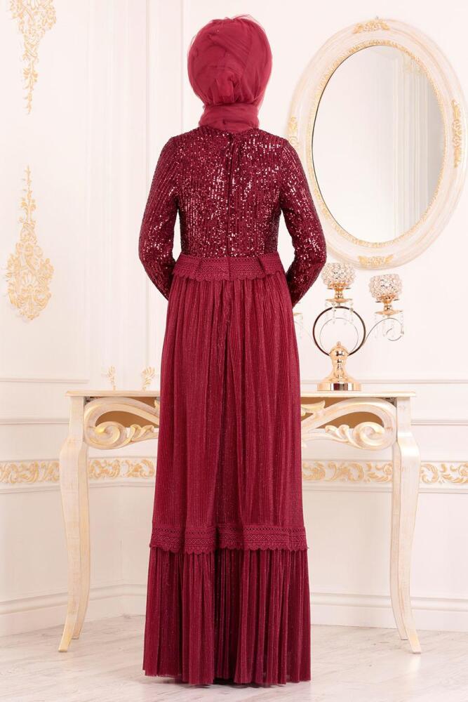 Tesettürlü Abiye Elbise - Pul Payetli Bordo Tesettür Abiye Elbise 8532BR - 4