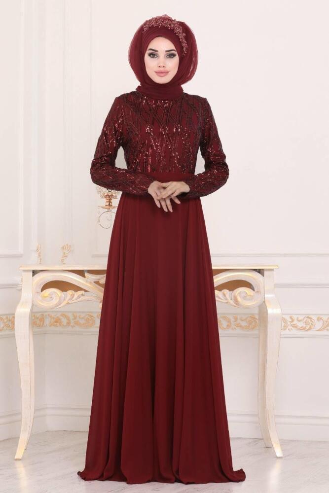 Tesettürlü Abiye Elbise - Pul Payetli Bordo Tesettür Abiye Elbise 8708BR - 1