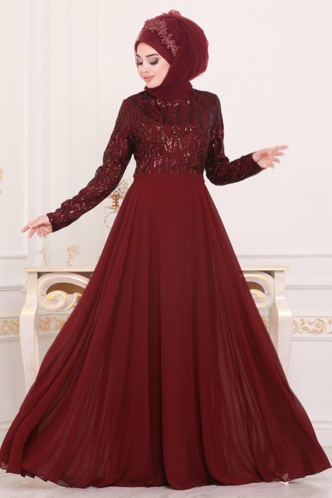 Tesettürlü Abiye Elbise - Pul Payetli Bordo Tesettür Abiye Elbise 8708BR - 2
