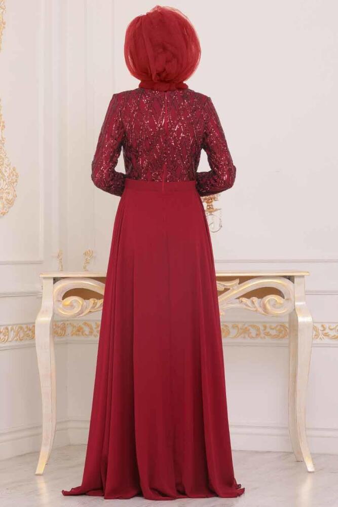 Tesettürlü Abiye Elbise - Pul Payetli Bordo Tesettür Abiye Elbise 8708BR - 3