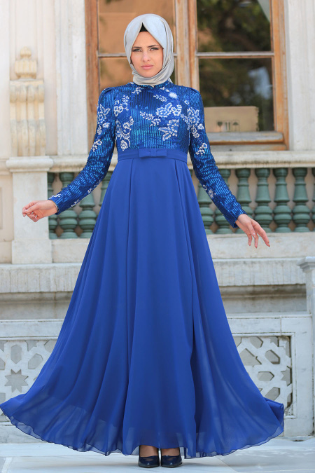 Tesettürlü Abiye Elbise - Pul Payetli Çiçek Detaylı Sax Mavisi Tesettür Abiye Elbise 7694SX