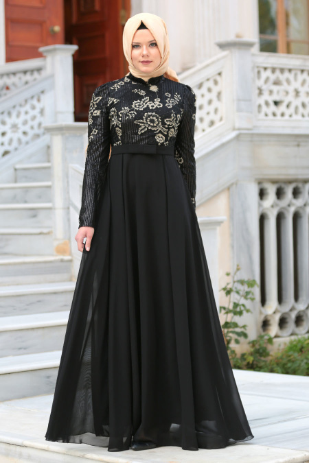 Tesettürlü Abiye Elbise - Pul Payetli Çiçek Detaylı Siyah Tesettür Abiye Elbise 7694S