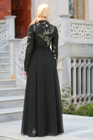 Tesettürlü Abiye Elbise - Pul Payetli Çiçek Detaylı Siyah Tesettür Abiye Elbise 7694S - Thumbnail