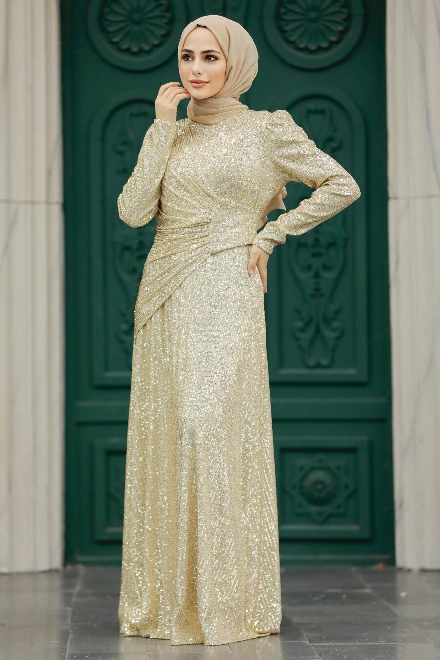 Tesettürlü Abiye Elbise - Pul Payetli Gold Tesettür Abiye Elbise 39471GOLD