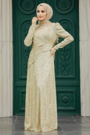 Tesettürlü Abiye Elbise - Pul Payetli Gold Tesettür Abiye Elbise 39471GOLD - Thumbnail
