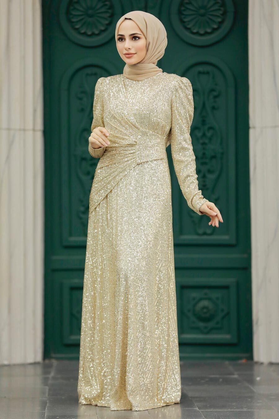 Tesettürlü Abiye Elbise - Pul Payetli Gold Tesettür Abiye Elbise 39471GOLD