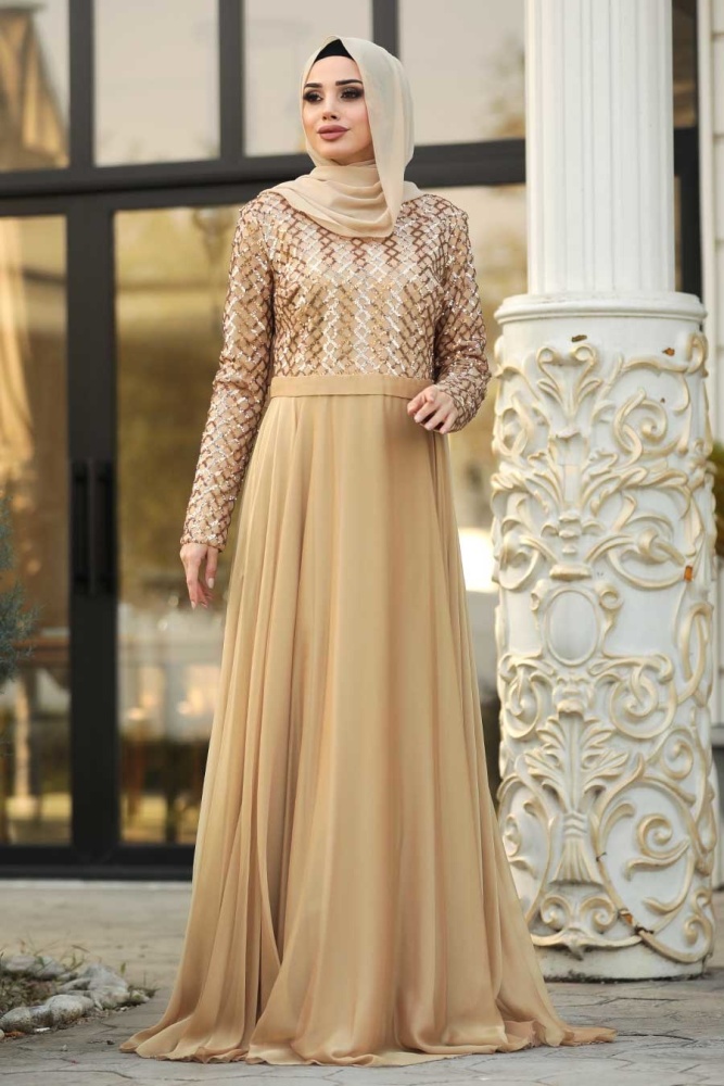Tesettürlü Abiye Elbise - Pul Payetli Gold Tesettür Abiye Elbise 8127GOLD - 1
