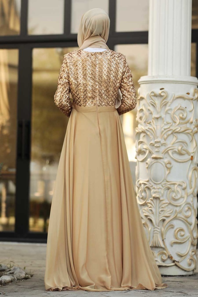 Tesettürlü Abiye Elbise - Pul Payetli Gold Tesettür Abiye Elbise 8127GOLD - 2