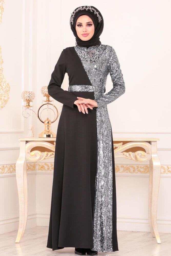 Tesettürlü Abiye Elbise - Pul Payetli Gri Tesettür Abiye Elbise 86110GR - 1