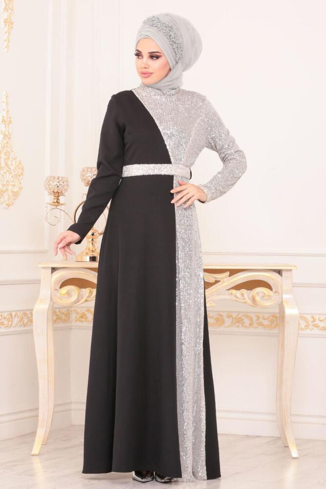 Tesettürlü Abiye Elbise - Pul Payetli Gri Tesettür Abiye Elbise 8611GR - 1