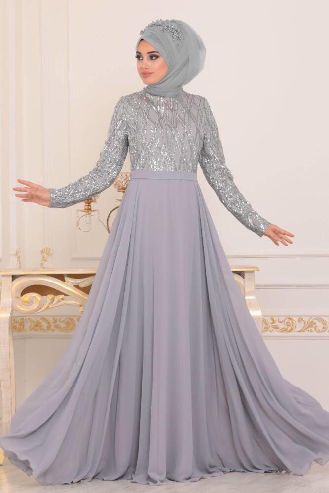 Tesettürlü Abiye Elbise - Pul Payetli Gri Tesettür Abiye Elbise 8708GR - 1