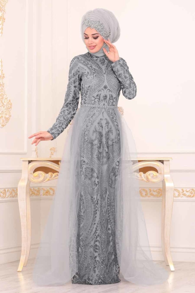 Tesettürlü Abiye Elbise - Pul Payetli Gri Tesettürlü Abiye Elbise 39370GR - 1
