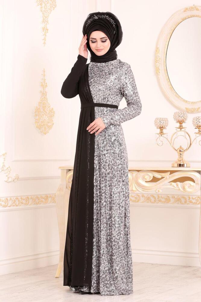 Tesettürlü Abiye Elbise - Pul Payetli Gri Tesettürlü Abiye Elbise 85590GR - 1