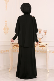 Tesettürlü Abiye Elbise - Pul Payetli Kolları Pelerinli Siyah Tesettür Abiye Elbise 81201S - Thumbnail