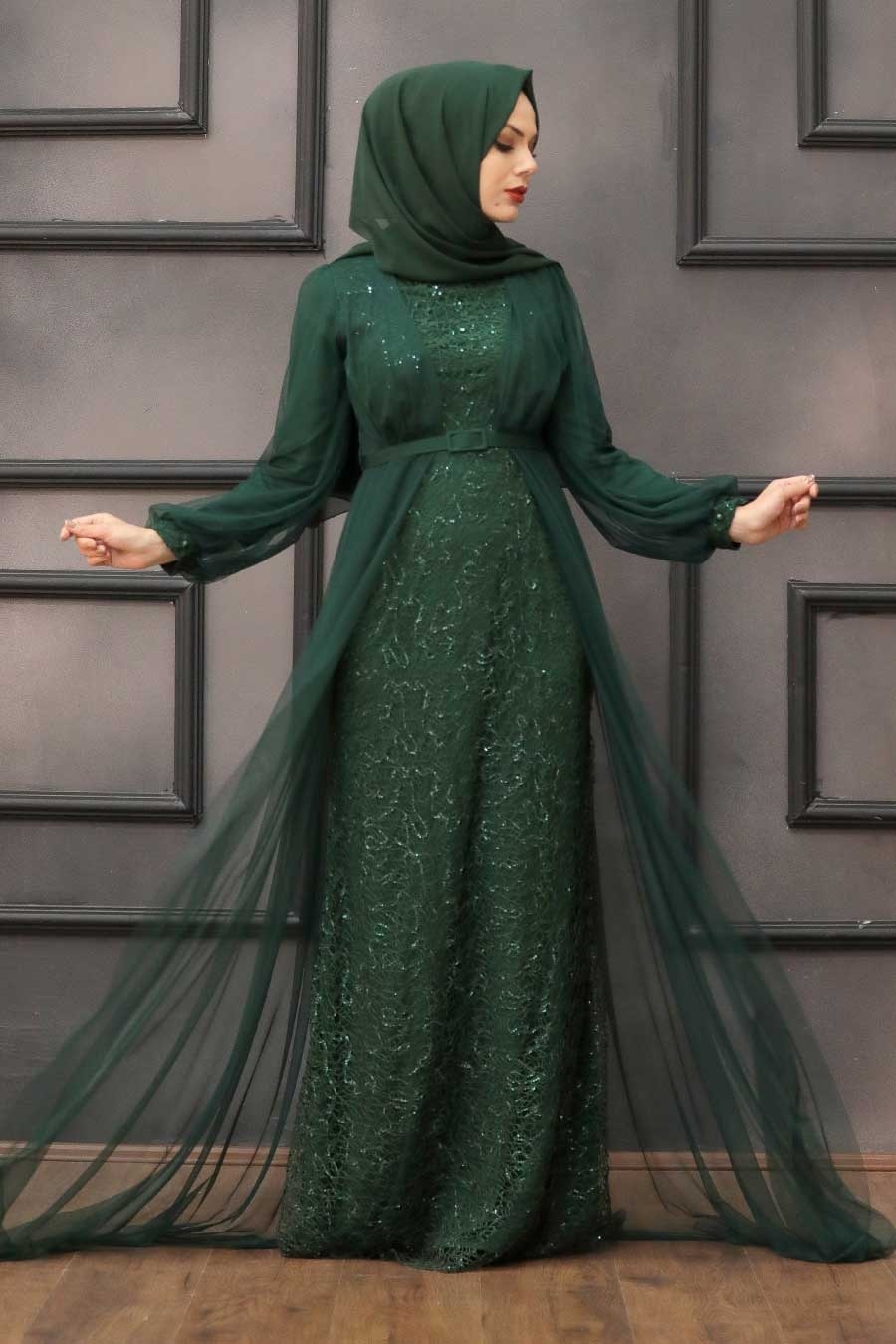 Tesettürlü Abiye Elbise - Pul Payetli Koyu Yeşil Tesettür Abiye Elbise 5383KY