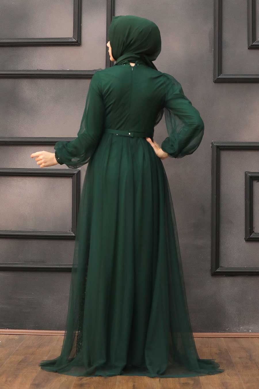 Tesettürlü Abiye Elbise - Pul Payetli Koyu Yeşil Tesettür Abiye Elbise 5383KY