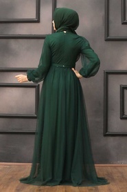 Tesettürlü Abiye Elbise - Pul Payetli Koyu Yeşil Tesettür Abiye Elbise 5383KY - Thumbnail