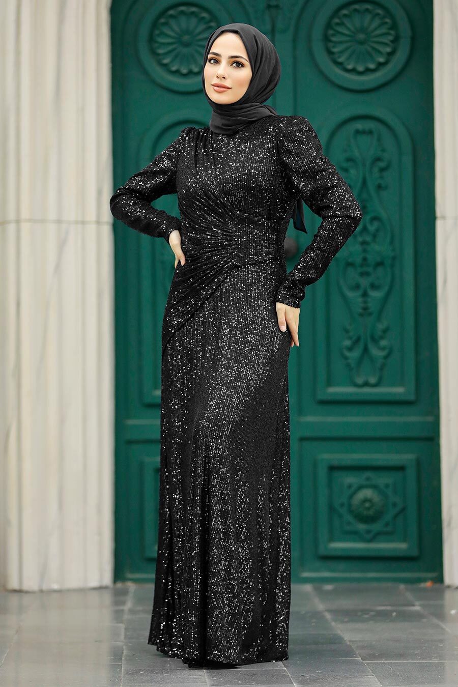 Tesettürlü Abiye Elbise - Pul Payetli Siyah Tesettür Abiye Elbise 39471S