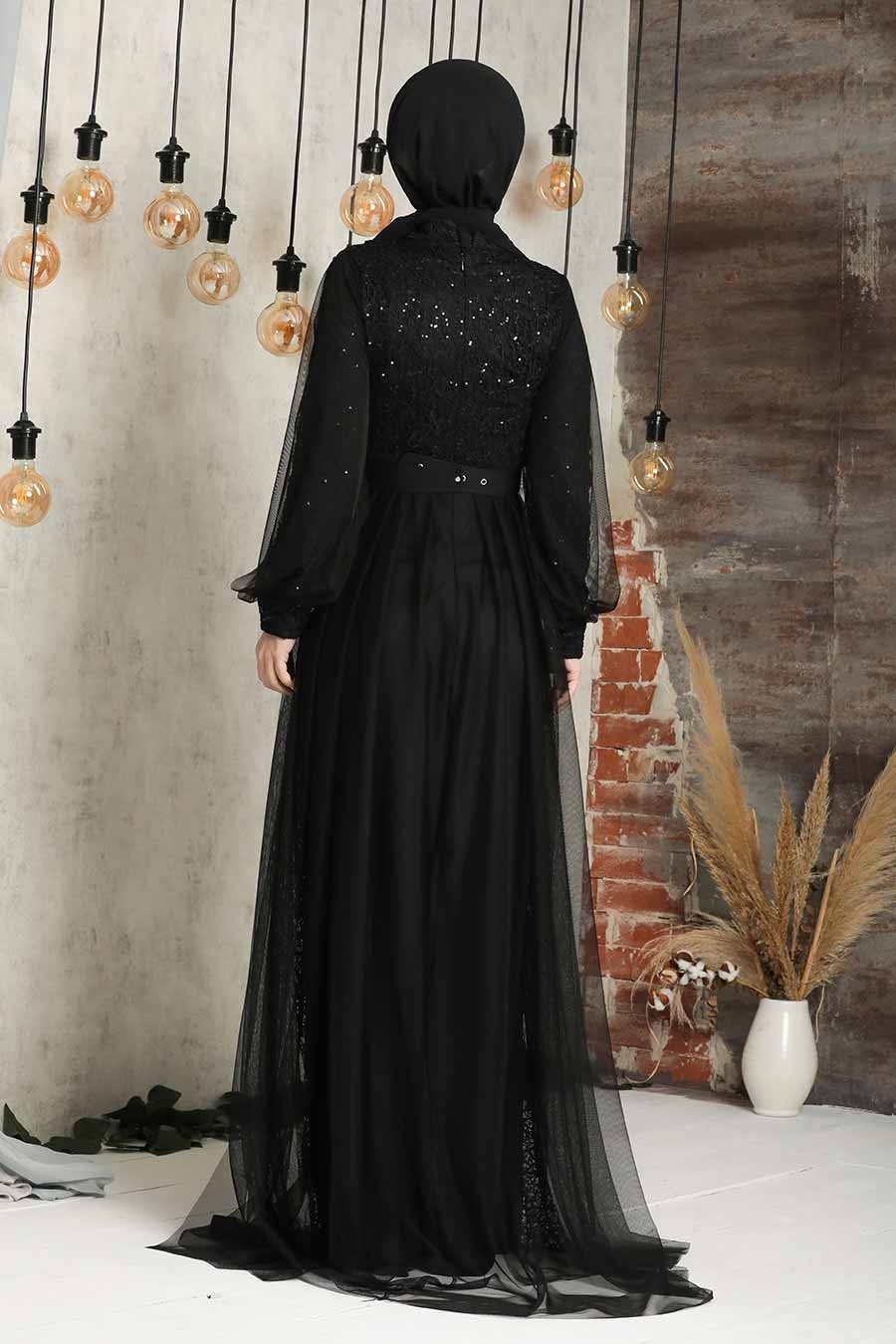 Tesettürlü Abiye Elbise - Pul Payetli Siyah Tesettür Abiye Elbise 5441S