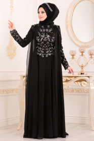 Tesettürlü Abiye Elbise - Pul Payetli Siyah Tesettür Abiye Elbise 85250S - Thumbnail