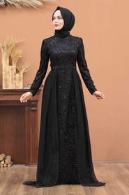 Tesettürlü Abiye Elbise - Pul Payetli Siyah Tesettürlü Abiye Elbise 196711S - Thumbnail