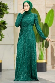 Tesettürlü Abiye Elbise - Pul Payetli Yeşil Tesettür Abiye Elbise 39471Y - Thumbnail