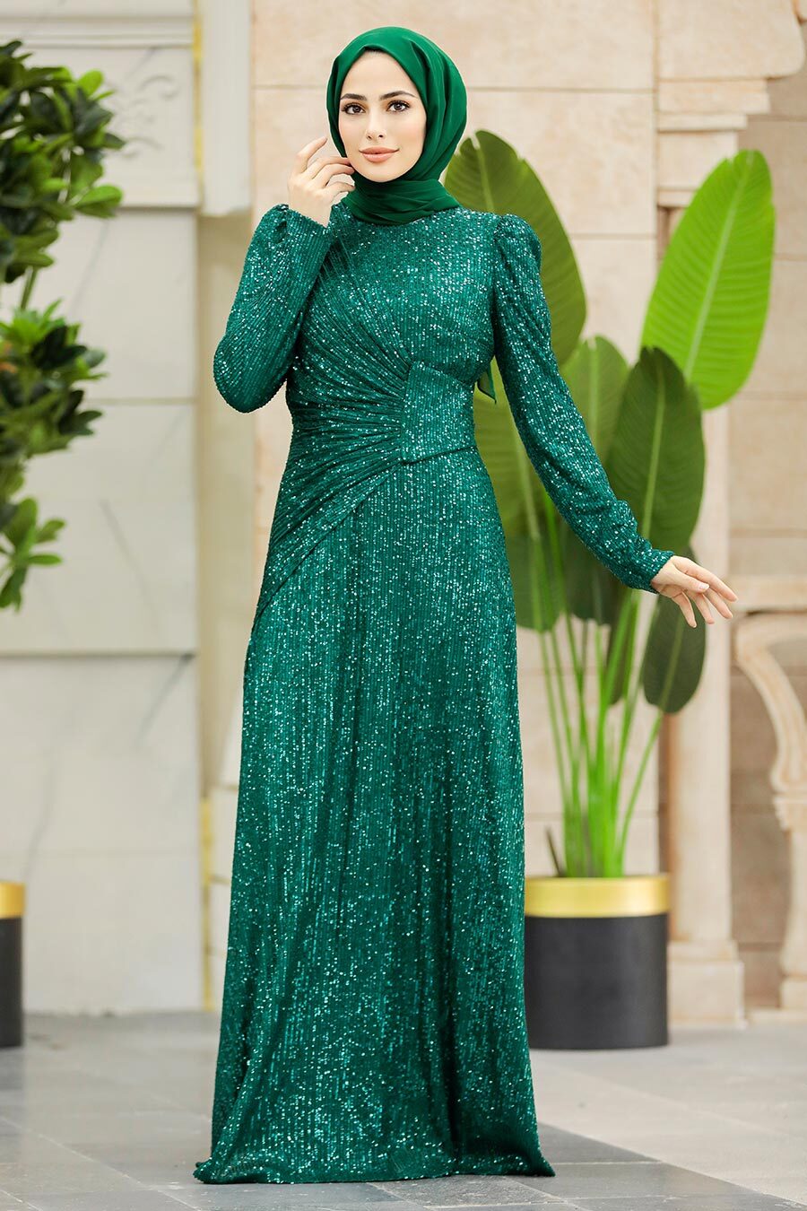 Tesettürlü Abiye Elbise - Pul Payetli Yeşil Tesettür Abiye Elbise 39471Y