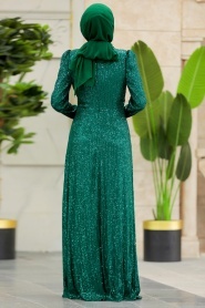Tesettürlü Abiye Elbise - Pul Payetli Yeşil Tesettür Abiye Elbise 39471Y - Thumbnail