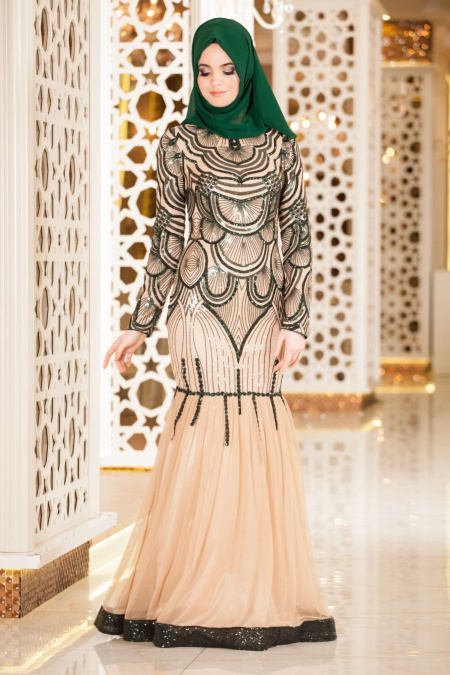 Tesettürlü Abiye Elbise - Pul Payetli Yeşil Tesettür Abiye Elbise 4118Y