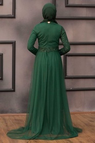 Tesettürlü Abiye Elbise - Pul Payetli Yeşil Tesettür Abiye Elbise 5345Y - Thumbnail