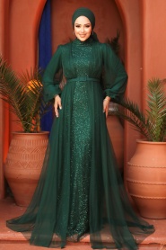 Tesettürlü Abiye Elbise - Pul Payetli Yeşil Tesettür Abiye Elbise 5383Y - Thumbnail